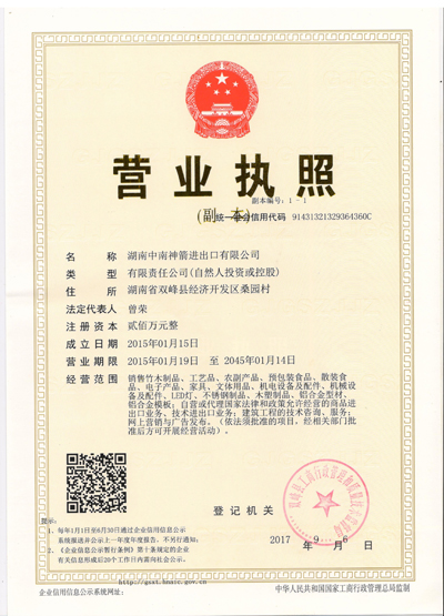 湖南中南神箭進(jìn)出口有限公司營業(yè)執(zhí)照